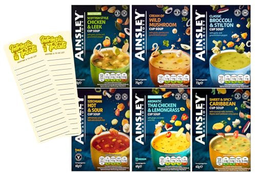 Instant Soup Taster Bundle with Chicken & Leek, Mushroom, Broccoli & Stilton, Szechuan Hot & Sour, Thai Chicken & Lemongrass and Caribbean Cup Soup with Intrinsic Treats Shopping List Card