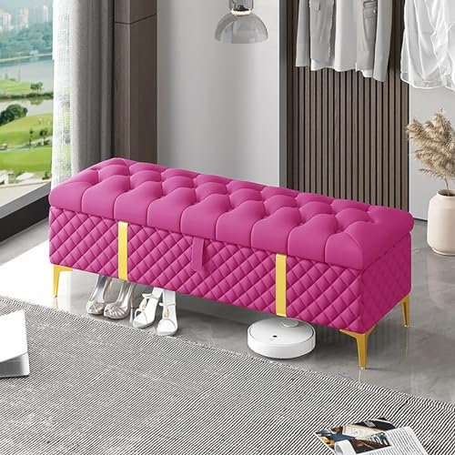Luxurious Leather Upholstered Storage Bench for Bedroom Modern End Of Bed Bench with Storage Chest Pink 31x16x18inch