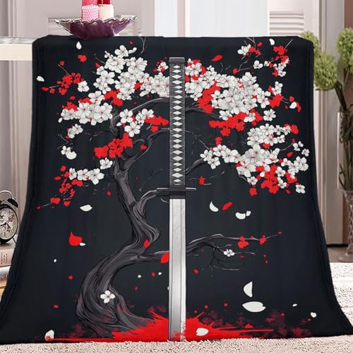 Orientalisch Blumen Samurai Schwert Kuscheldecke Flauschig 130 x 150 cm Bequem und Atmungsaktiv Flanell Fleecedecke Grau Blanket Weich und Warme Deko Überwurf für Bett Sofa Schlafzimmer Büro Geschenk