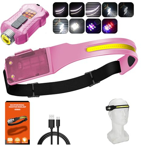 KHEALING Lampe frontale rechargeable, 400 lumens, 1200 mAh, faisceau large de 230°, projecteur réglable, portée de 100 m, étanchéité IP65, 9 modes, détecteur de mouvement, légère (rose)