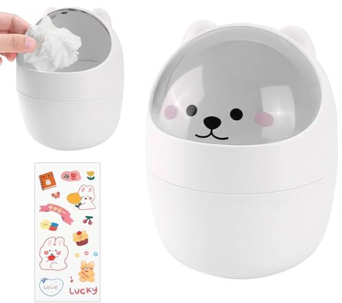 Wisebom Mini Papelera Escritorio con Tapa Mini Cubo de Basura de Escritorio Pequeño Bote de Basura Papelera de Mesa Portátil Mini Cubo de Basura de Mesa con Linda Pegatina para Casa Oficina