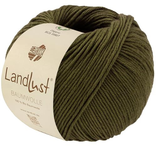 LANA GROSSA Landlust Baumwolle | Klassisches Bio-Baumwollgarn, Gots zertifiziert | Handstrickgarn aus 100% Baumwolle (Bio) | 50g Wolle zum Stricken & Häkeln | 115m Garn FB 32 Moosgrün