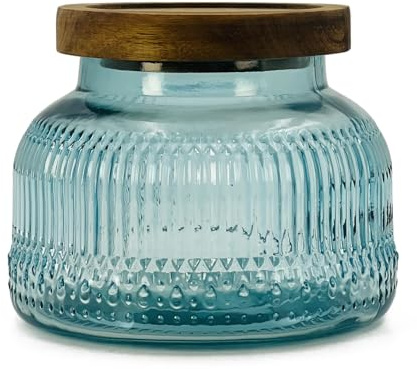 Bocal décoratif en verre bleu avec couvercle hermétique en bois - 750 ml - Large ouverture - Style vintage - Pour biscuits, bonbons, miel, farine, épices, café, thé, décoration d'intérieur