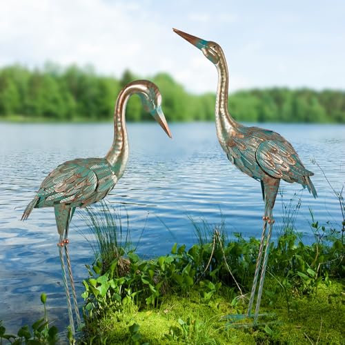 SUNREEK Kranich-Gartenstatuen für den Außenbereich, 84 cm, Metall, Reiherhof, Kunst-Skulptur für Garten, Rasen, Terrasse, Dekoration, 2 Stück