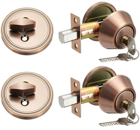 sourcing map Keyed Alike Single Cylinder Deadbolt Door Lock Round Entry Front Door Handle Sets for Door Thickness 1.2-2 Inch (Copper Tone, Pack of 2)