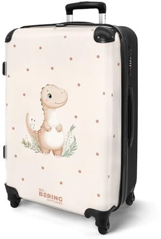 NoBoringSuitcases.com® Koffer Kinder Groß 67x43x25 cm Reisekoffer Kinderkoffer 4 Rollen Leicht Koffer Trolley Mittelgroß Hartschalenkoffer Kind Dino - Beige - Dinosaurier