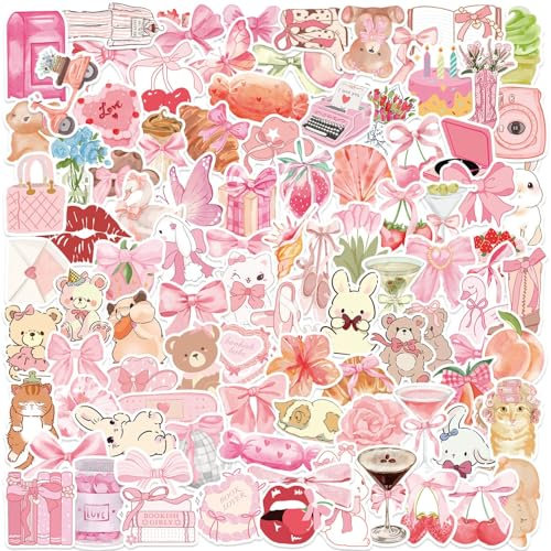 100pcs Coquette Stickers Pack - Cute Waterproof Vinyl Aesthetic Stickers for Girls | Laptop, Water Bottle, Phone, Guitar Decoration (Random Pink Designs)