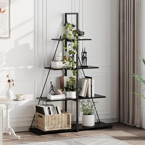 Scaffale per libri, scala a 4 livelli, stile barche a vela, scaffali in legno a forma di A, libreria scala per soggiorno, camera da letto, ufficio, telaio in metallo nero e finitura legno (nero)
