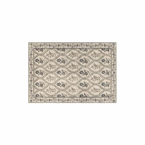 Loberon Teppich Vellouris - Florales Design - Natürliche Farben - 140x200 cm - Wohntextilien - Wohnaccessoires - Baumwolle - Polyester, grün/Creme