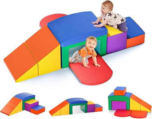 6Pcs Soft Play Set, Foam Climb Blocks with Ball Pit PU Scratch-Resistant Easy Clean Hidden Zippe Crawling & Climbing Boosts Sensory Motor Skills for 2-10 Indoor/Outdoor/Playground