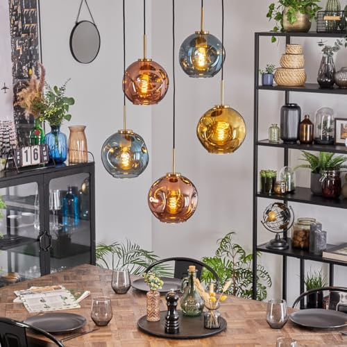 HOFSTEIN Hängeleuchte Ripoll, 5-flammige Hängelampe aus Metall/Glas in Schwarz/Gold/Kupfer/Blau, moderne Pendelleuchte im Retro/Vintage-Design (Schirme Ø 20 cm), E27, Esszimmer, Küche, Wohnzimmer