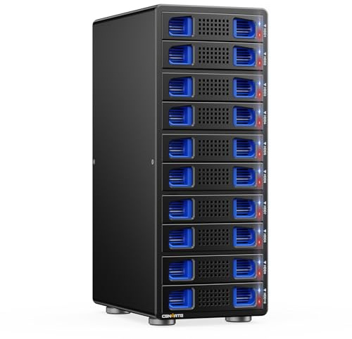 10 Bay Case Dischi Rigidi con Ventola, Compatibile SATA HDD/SSD 2,5“/3,5” con Cavo USB A/C 3.0, Supporta sostituzione a caldo, struttura in alluminio smontabile senza attrezzi, DAS (senza RAID/NAS)