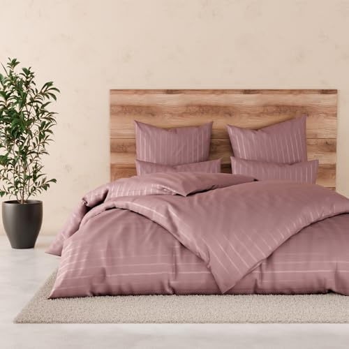 Pure Label Satin Bettwäsche 135x200 80x80 gestreift Mauve | 100% Baumwolle & Oeko-TEX Zertifiziert - Elegante und angenehm