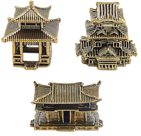 SUPERFINDINGS 3 Pièces 3 Styles Mini Pagode Ornement Statue de Maison Chinoise Vintage Figurine Jardin Zen Miniature en Laiton Décor Micro Paysage Ornements pour Jardin en Pot Cour Maison Accessoires
