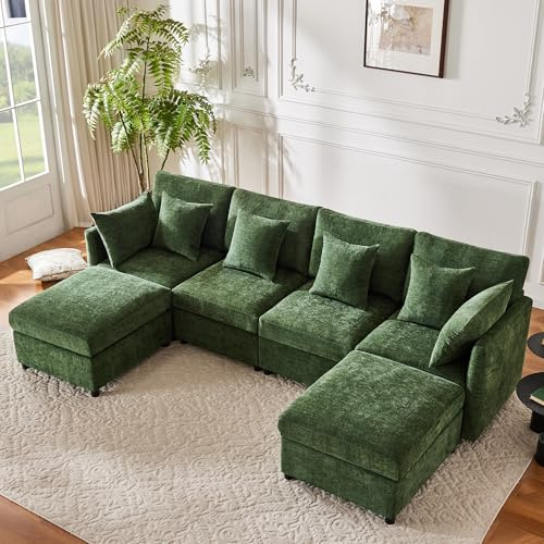 staronce Ecksofa L-Form mit beweglichem Hocker – Modulares Sofa in Cord-Optik & Tiefsitz | L-förmiges Sofa für 3-4 Personen | Wohnlandschaft mit 4 Kissen & Flexibler Nutzung, Grün
