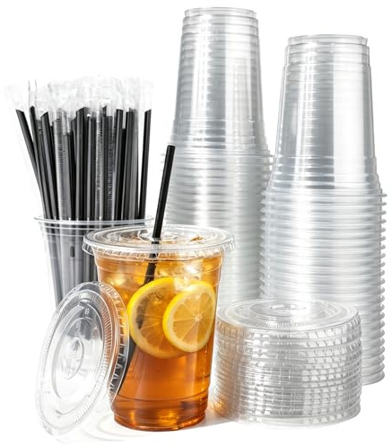Lekeeu Clear Plastic Cups with Lids 50Pcs Iced Coffee Cup with Straws 500ml | Reusable Tumbler Drink Cup with Lids and Straws Smoothie Cups Cold Drinks Party Catering for Milkshakes Picnic Takeaway