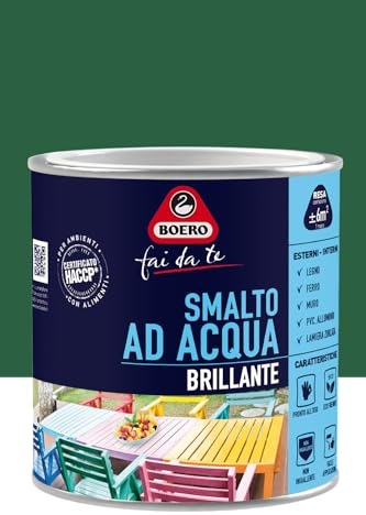 Boero Fai da Te, Smalto Brillante all’Acqua, per Interno/Esterno, Inodore, Pronto all’Uso, Non Colante, Per Ferro, Legno, PVC, Muro, Formato da 0,5 L, Colore Verde Capri