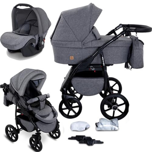 GagaDumi Boston combinée 3 en 1 poussette nacelle Siège-Auto avec tous les accessoires Landau Certificat TÜV Fait dans l'UE (B1-Grey Jeans)