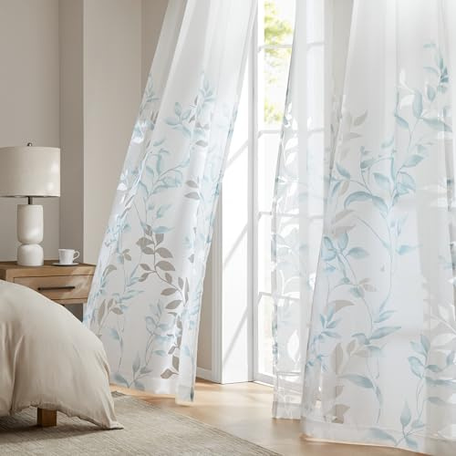 Madison Park Cecily Halbtransparenter einzelner Fenstervorhang, Ausbrenner, botanischer Druck, einfach aufzuhängen, passend für Stangen mit einem Durchmesser von bis zu 3,2 cm, 127 x 213,4 cm, Blätter