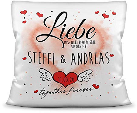 PR Print Royal Kissen inkl. Füllung mit Spruch - Unsere Liebe ist echt - zum Beschriften mit Vornamen der Partner und Wunschdatum, Kissen Polyester - Weiß, 40 x 40 cm