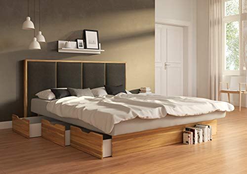 SuMa - Doppel-Wasserbett 200x200 dual mit 6 großen Schubladen im Sockel Wildeiche Eiche und Kopfteil Quaddro, Farbe Carbon 200x200 cm - 11 Farben wählbar
