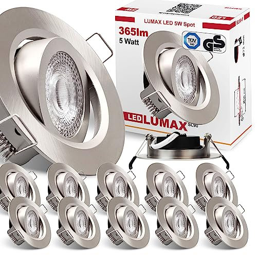 max K O M F O R T 12x LED Einbaustrahler dimmbar Ultraflach 5 Watt Edelstahl-Optick schwenkbar 230V Rund warmweiß Deckenstrahler Spot Deckenspot Lumax