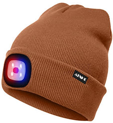 ATNKE LED Beleuchtete Mütze,Wiederaufladbare USB 4 LED Rot und Blau Leuchten Blinkender Laufmütze mit Licht Extrem Heller Lampe Winter Warme für Herren und Damen Geschenke/Red Brown