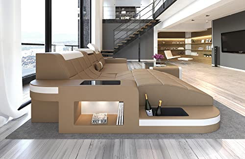 Ledersofa Wave L Form Ecksofa Sofa in Leder - mit LED Beleuchtung, verstellbare Kopfstützen, Recamiere/Lederfarben wählbar/Ausrichtung wählbar (Ottomane Links, Sandbeige-Weiß)
