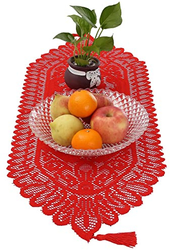 KYEYGWO Hollow Lace Table Runners Elegant Mesh Tablecloth Vintage Macrame Table Cover with Tassels for Rustic Boho Wedding Reception Decoration Bridal Showers, 35'' x 13'' Red