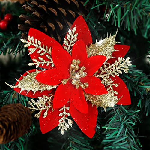 Veryhome 24pcs Poinsettia Christmas Decorations Artificial Poinsettia Flowers Heads Red Glitter Ornaments for Christmas Tree Decorations (Red)