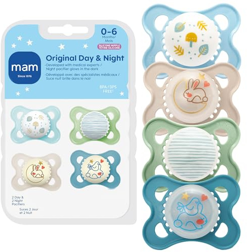 MAM Original Baby Pacifiers 0-6 Months, Binky for Newborn Babies, BPA-Free Skin Soft Silicone Nipple, Glows in The Dark, Developed with Medical Experts, 4 Count, Made in Europe