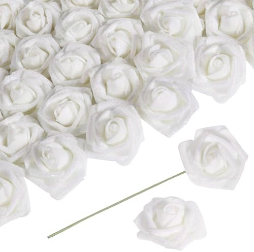 ICBOX Lot de 30 roses artificielles blanches à paillettes en mousse avec tige pour bricolage, bouquet de mariée, centres de table, décoration (blanc)