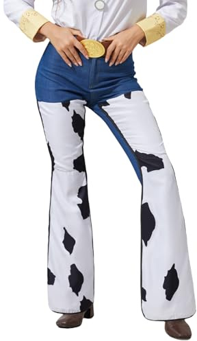 PAINEOMN Jessie Costume Adult Cowgirl Jessie Pants Cow Prints Jeans Trousers with Belt for Women Halloween Cosplay Suit