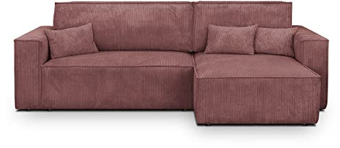 HOMIFAB Canapé d'angle Convertible réversible 4 Places avec Coffre de Rangement en Velours côtelé Vieux Rose - Livia New