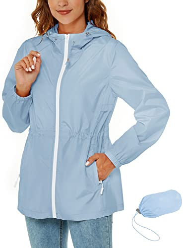 Rapbin Imperméable pour femmes, veste de pluie légère et pliable, avec capuche et poche, style trench-coat, bleu ciel, XXL