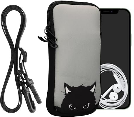 kwmobile Handytasche für Smartphones XXL - 7 - Neopren Handy Hülle Grau Schwarz - Handy Tasche mit Kette 17,7 x 8,5 cm Innenmaße - Neugierige Katze