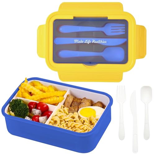 PIWOSGOL Bento Box Lunchbox Brotdose, 1400ml Brotdose mit 3 Fächern und Besteck, Lecksicher, Mikrowelle sicher, Jausenbox für erwachsene kinder für Schule Arbeit Picknick Büro Reisen (Blau)