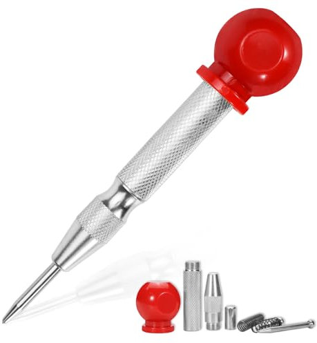 5.1 Inch Spring Loaded Center Punch Adjustable Automatic Center Hole Puncher Metal Hole Punch Tool Heavy Duty for Wood Plastic Leather (Silver)