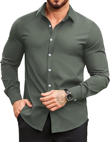 COOFANDY Men's Long Sleeve Plain Stretch Dress Shirt Slim Fit Casual Non Iron Business Formal Shirt Green M