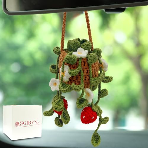 SGIBYN Crochet Hanging Plant for Car,Car Decorations Interior,Plant Aesthetic Car Accessories for Women Interior Cute,Car Ornaments Charms for Rear View Mirror,Boho Car Decoration Gifts