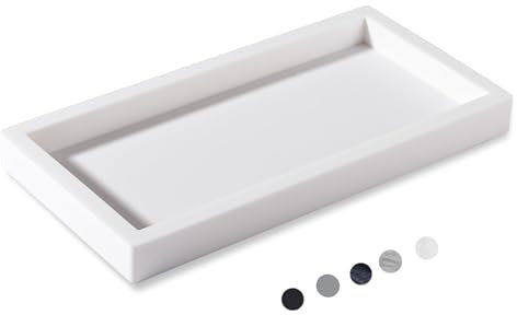Small Silicone Bathroom Vanity Tray Rectangle Soap and Sponge Holder Kitchen Sink Organizer for Scrubber, Lotion Bottles, Perfume, Jewelry, Candle, Key Trinket Ring, White