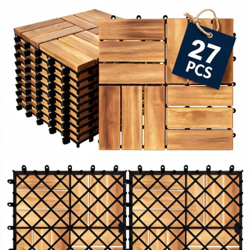 TANGZON Acacia Wood Deck Tiles, Interlocking Patio Flooring Tiles | 27PCS 30 x 30 cm, Parquet Pattern, Click System, Drainage Base for Balcony Garden Indoor Outdoor
