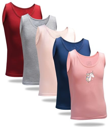 LadyMelex 5 Stück Mädchen Baumwolle Unterhemden Tank Top Kinder ärmellos verschiedene Motive - 2-11 Jahre, 5 Stück Einhorn (Grau, Puder, Burgunderrot, Marineblau, Lachs), 140-146