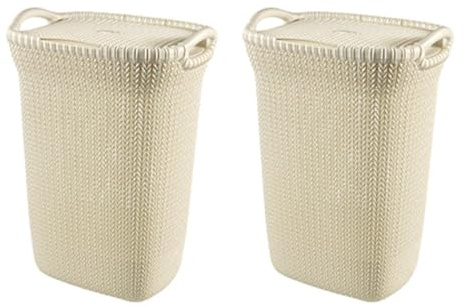 Curver Knit Wäschebox mit Deckel – 2er-Set – 57 L, belüftet, 270° Deckelöffnung, Kunststoff, weiß, exklusives Knit-Design