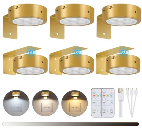 Lightsjoy 6 Pack Picture Light for Wall Battery Operated 3 Colors Rechargeable Wall Lights Wireless Dimmable and Timer Art Lamp for Painting Remote Control, Gold