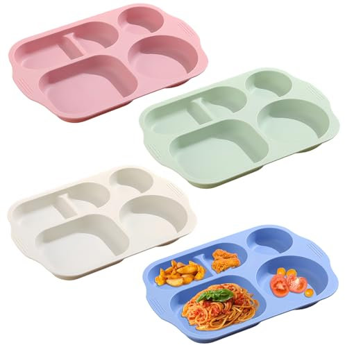 NOZVYCI Lot de 4 assiettes Plates Divisées avec 5 Compartiments Assiettes Incassables en Plastique Assiettes de Menu Divisées Assiette Dîner Réutilisables Pour Adultes (Couleur claire)