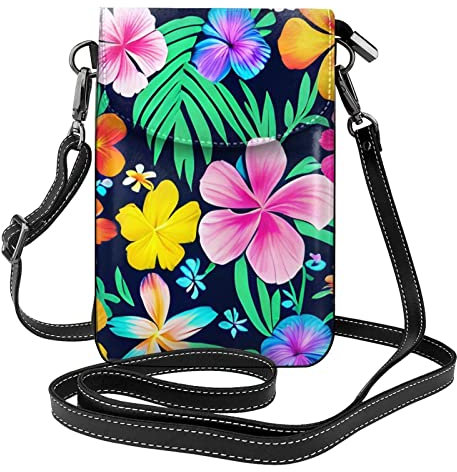 yefan Bunte Blumen Damen Crossbody Tasche & Reißverschluss Handy Geldbörse Niedliche Geldbörse Schultertasche Abnehmbarer Schultergurt, Schwarz , Einheitsgröße