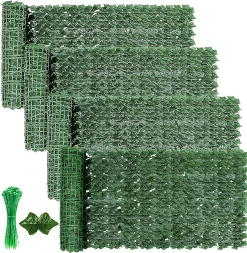 WIGUROE Lot de 4 panneaux de clôture, clôture de jardin avec feuilles et attaches artificielles, 1 brise-vue de jardin de 3 m, clôture de lierre artificiel pour balcon, jardin extérieur