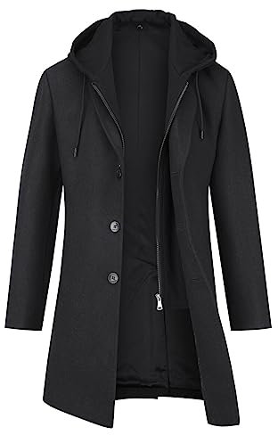 YOUTHUP Cappotto di Lana da Uomo Slim Fit Spessore Cappotti Con Cappuccio Rimovibile Elegante Invernale Trench Coat, Nero, M