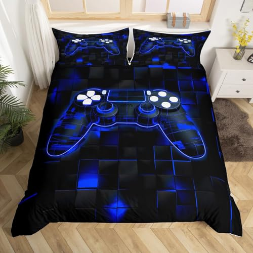 Homewish Gaming Housse de Couette Ado Garcon 200x200 cm avec 2 Taies d'oreiller, Parure de Lit Game Jeux Vidéo, Sets de Housses de Couettes Manette de Jeux Néon Bleu Couvre Lit Carré Géométrique